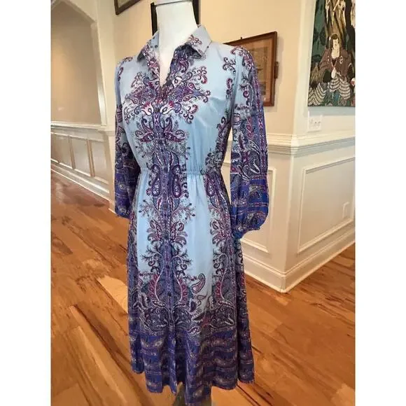 Loft Paisley Midi Shirt Dress - Blue & Purple - Petite XS - Picture 3 of 10